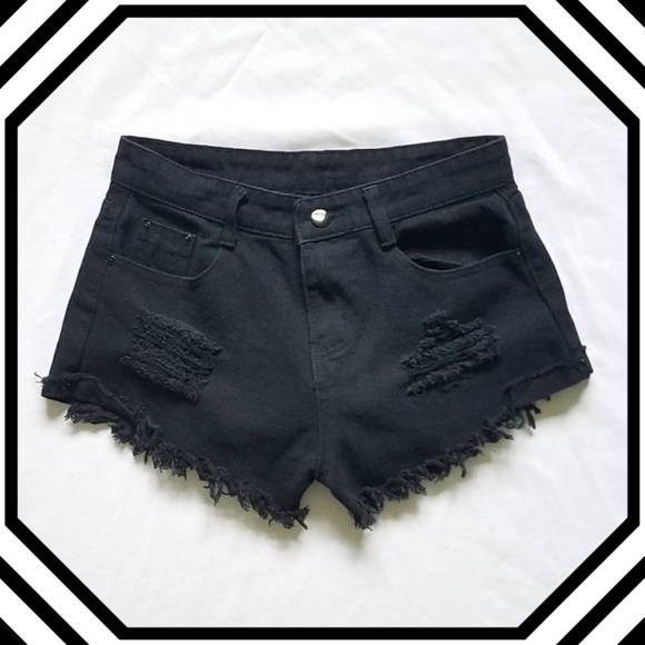 Pants - Black High Rise Distressed Jean Shorts
